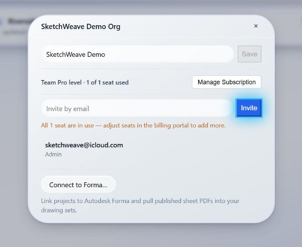 The Manage Account organization panel showing Team Pro level with 1 of 1 seat used, a Manage Subscription button, an invite field, the member list, and a Connect to Forma button