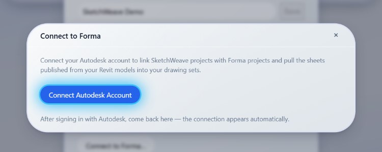 The Connect to Forma dialog with a Connect Autodesk Account button and instructions to sign in with Autodesk