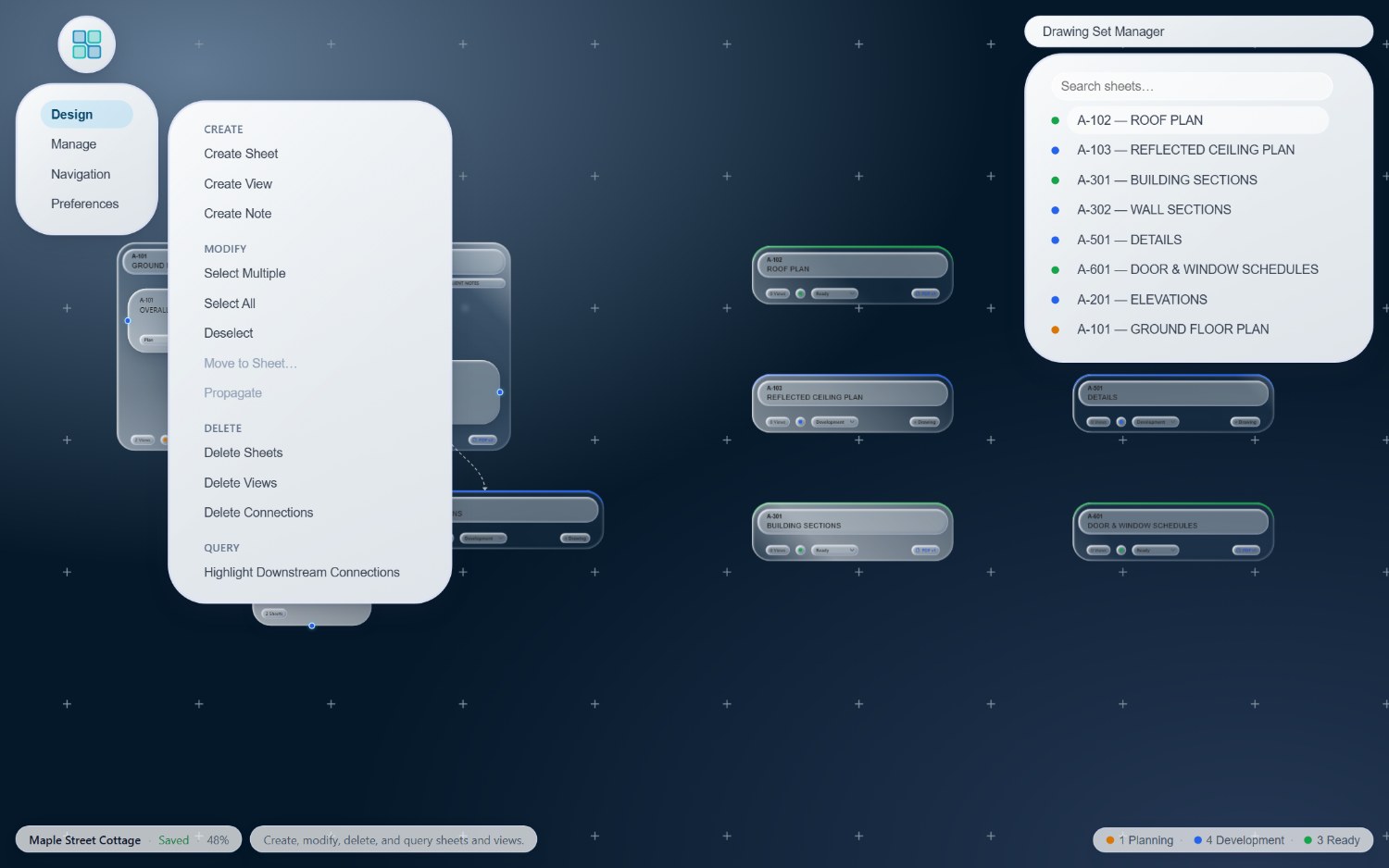 The SketchWeave main menu open over the canvas, showing Create Sheet, Create View, and Create Note under the Create heading, plus Modify, Delete, and Query sections