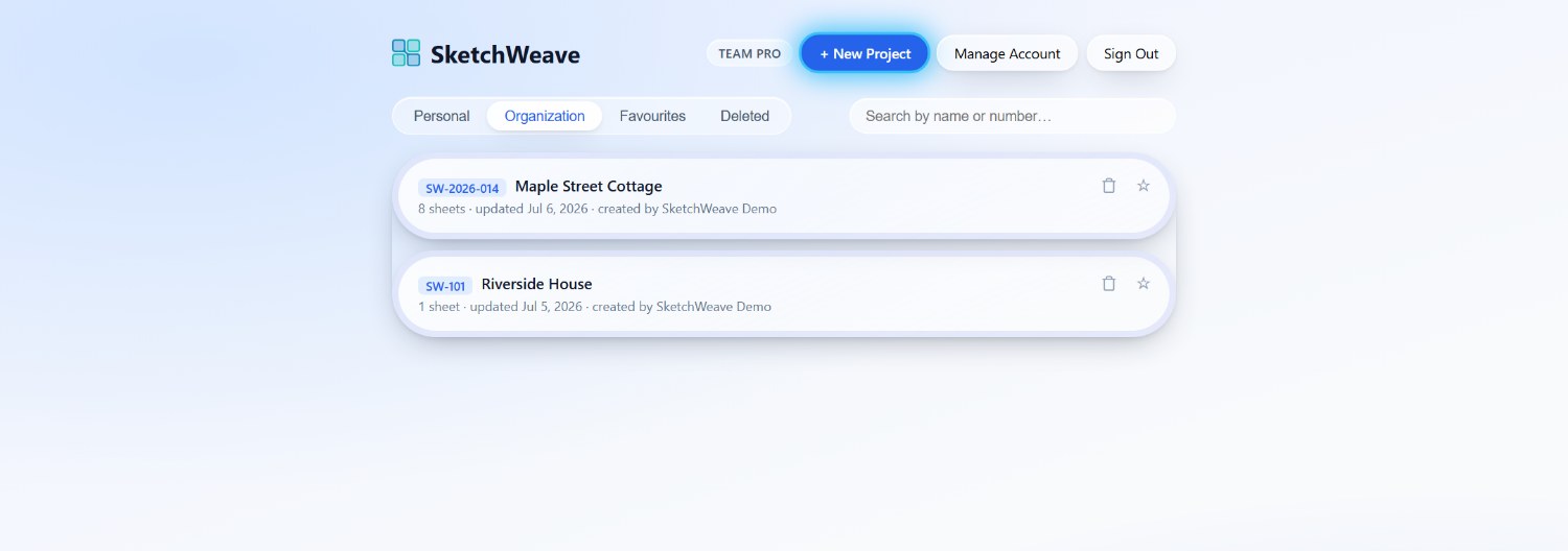 The SketchWeave project home screen showing the plan badge, New Project, Manage Account and Sign Out buttons, project filters, and two organization project cards