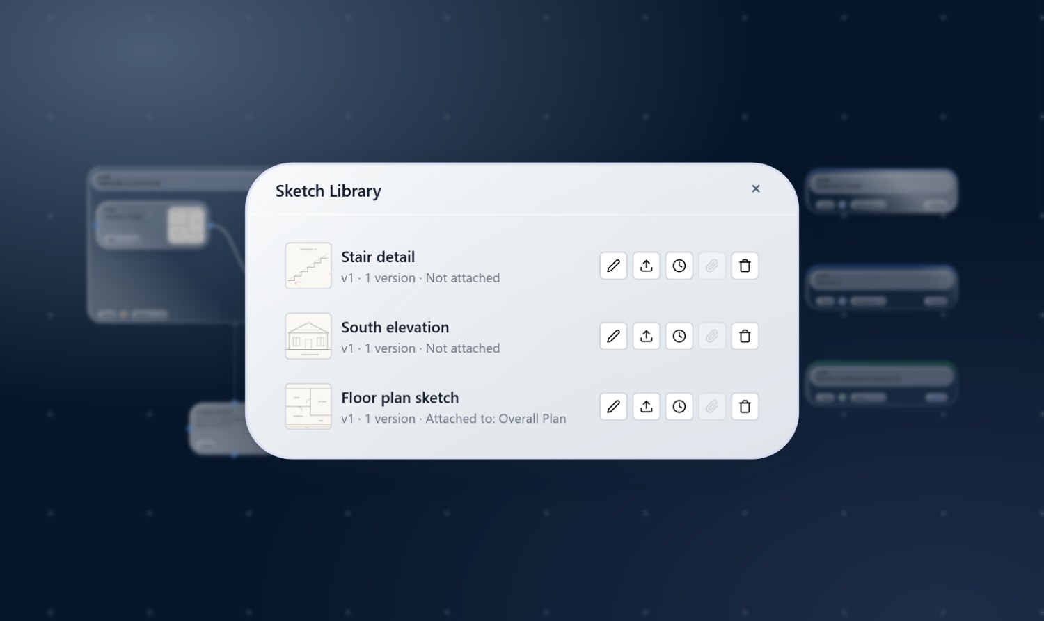 The Sketch Library dialog listing three sketches — Stair detail, South elevation, and Floor plan sketch — each with a thumbnail, version, and row actions