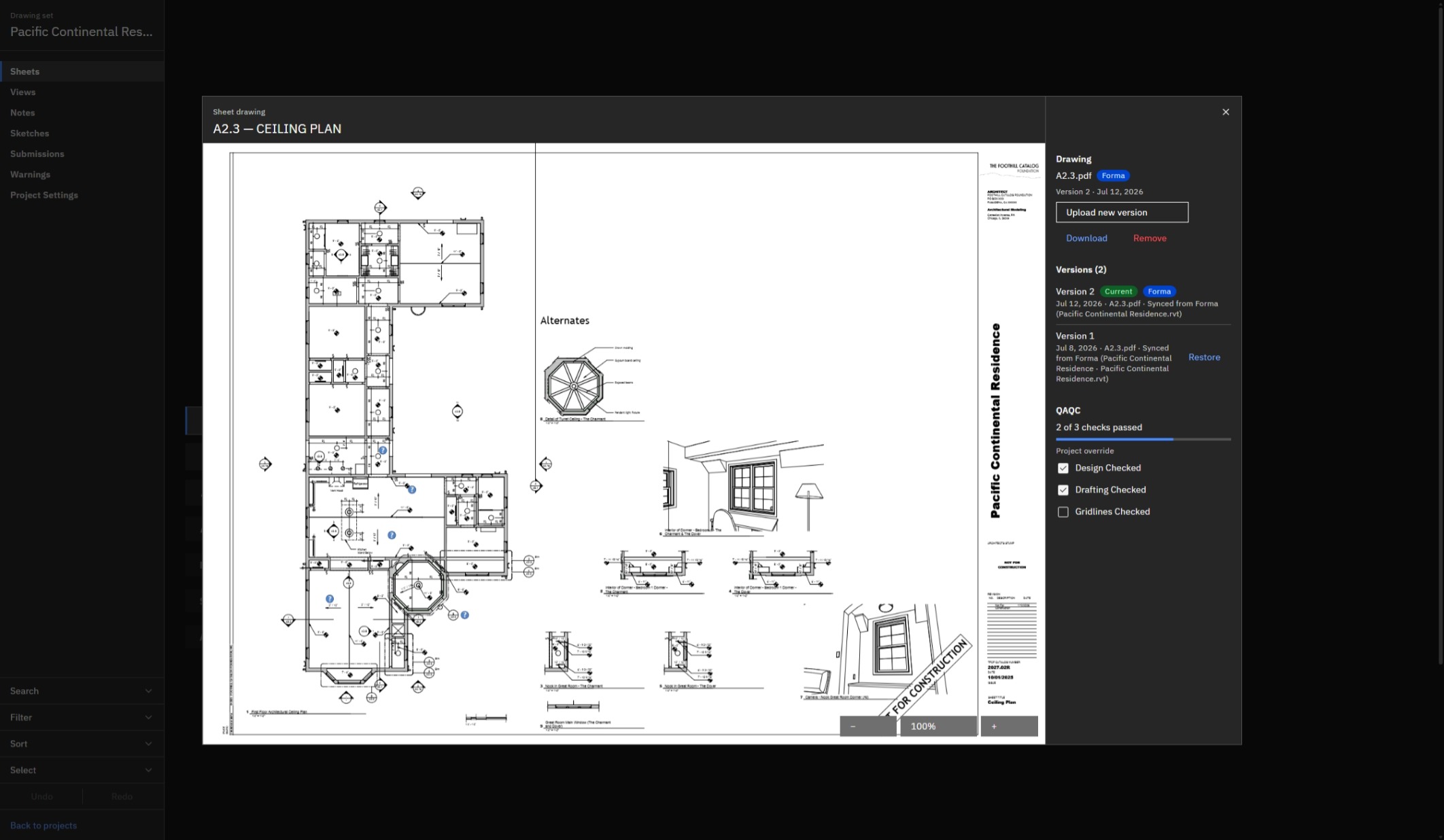 A sheet's drawing open in SketchWeave, ceiling plan A2.3, beside its drawing panel: the PDF synced from Autodesk Forma at version 2, the full version history with an earlier version restorable, and QAQC showing two of three checks passed.