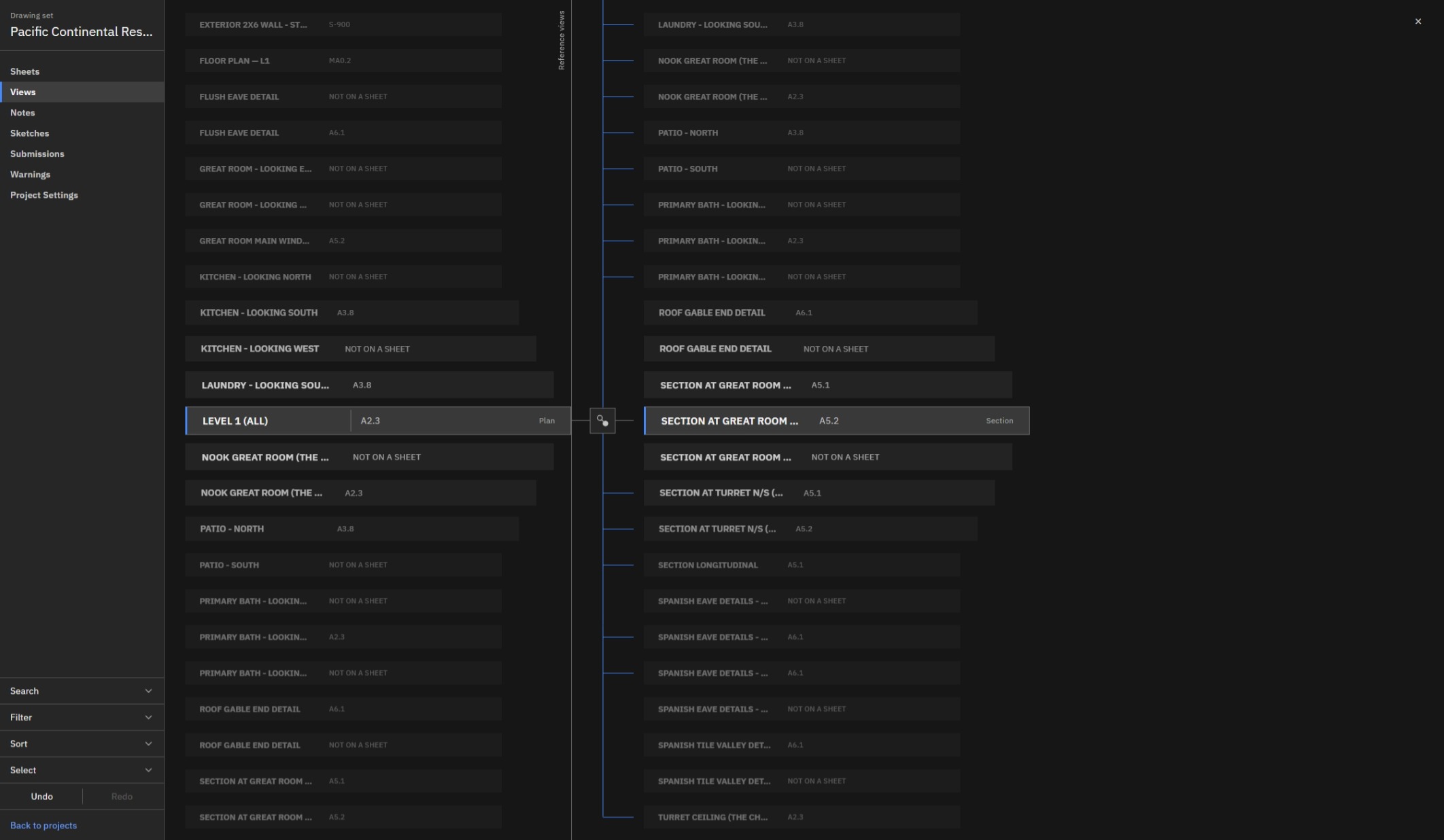 The Views panel showing references between views: a level plan on the left linked to the sections and details it calls out on the right, each row naming the sheet the view sits on.