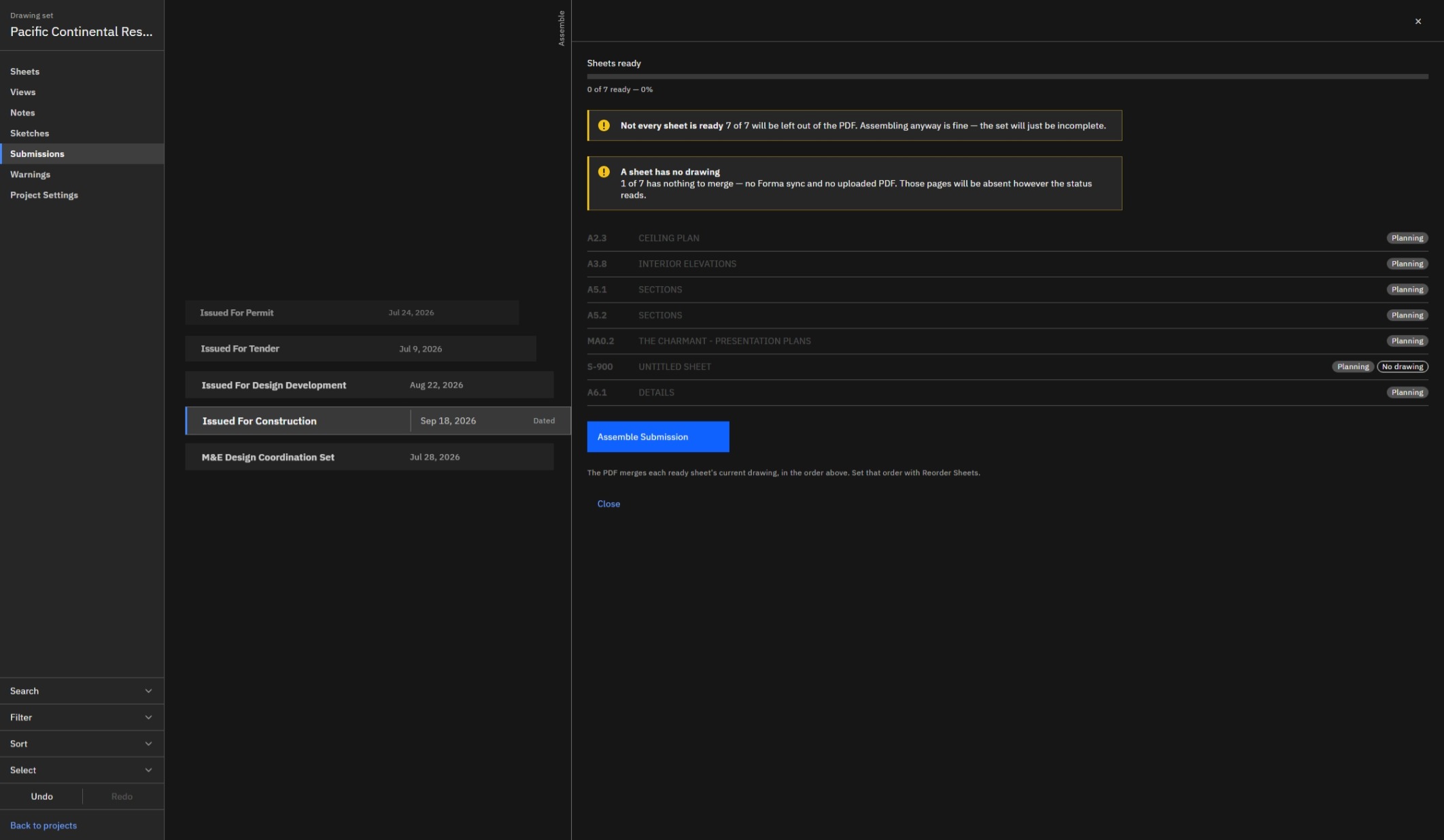 The Assemble panel for a submission: a readiness bar over every sheet in the package, warnings naming the sheets that are not ready and the one with no drawing attached, and the Assemble Submission button that merges each sheet's current drawing into one PDF.